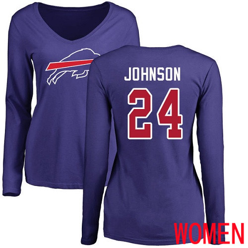 NFL Women Buffalo Bills #24 Taron Johnson Royal Blue Name and Number Logo Long Sleeve T Shirt